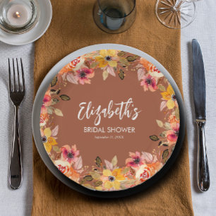 Autumn Flowers Bridal Shower Terracotta Paper Plate