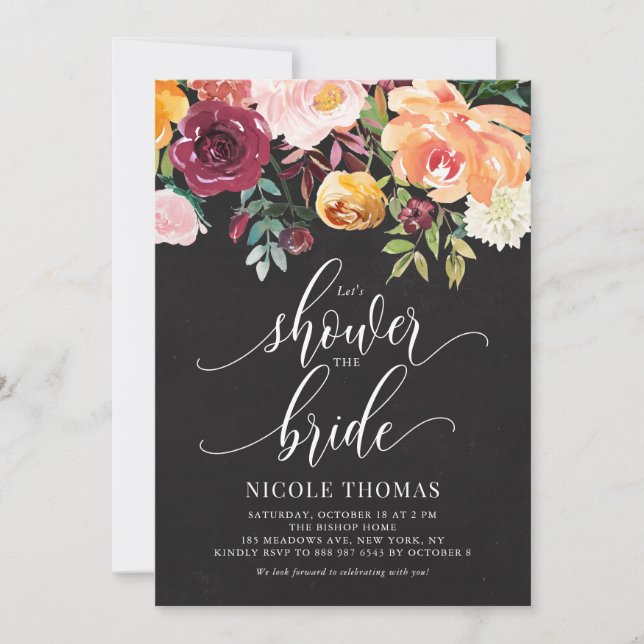Autumn Flowers Chalkboard Fall Bridal Shower Invitation (Front)