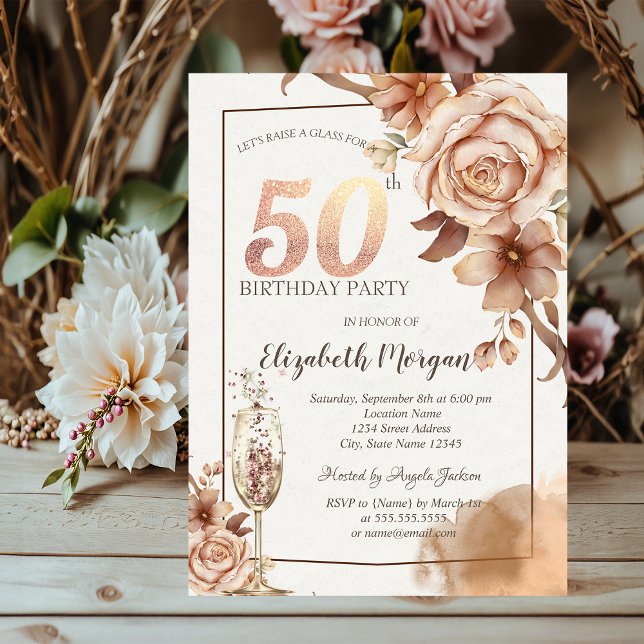 Autumn Flowers,Champagne Glass Gold 50th  Invitation (Creator Uploaded)
