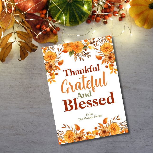 Autumn Flowers Grateful & Blessed Thanksgiving Holiday Card (Creator Uploaded)