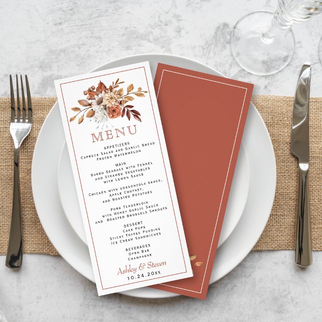 Autumn flowers, leaves border wedding menu card (Creator Uploaded)