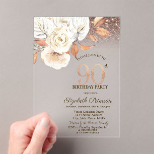Autumn Flowers Lights Glitter 90th Birthday Acrylic Invitations