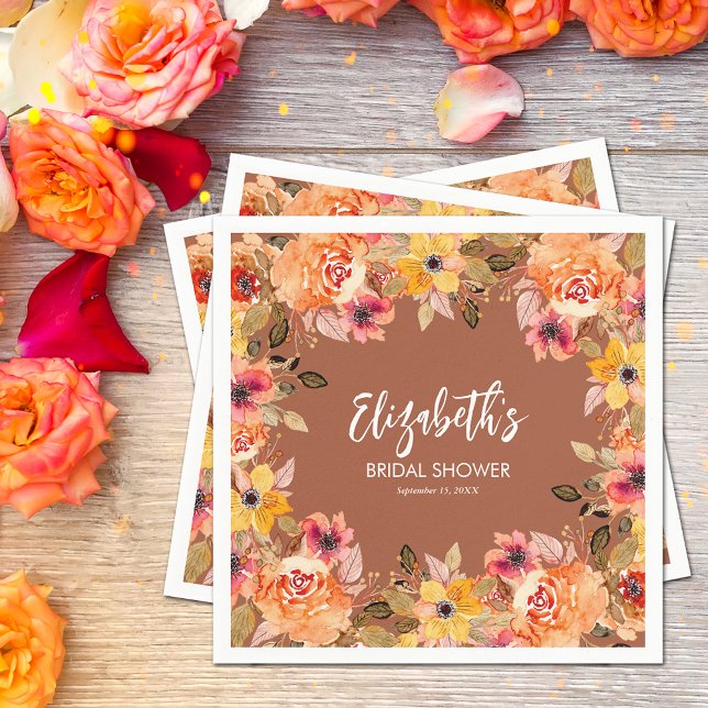 Autumn Flowers on Terracotta Bridal Shower Napkin (Autumn Flowers on Terracotta Bridal Shower Napkins)