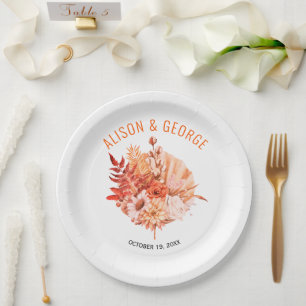Autumn flowers, palm leaf orange fall wedding paper plate