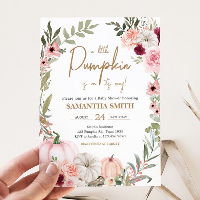 Autumn Flowers Pumpkin Baby Shower Invitation (Autumn Little Pumpkin Baby Shower Invitation)
