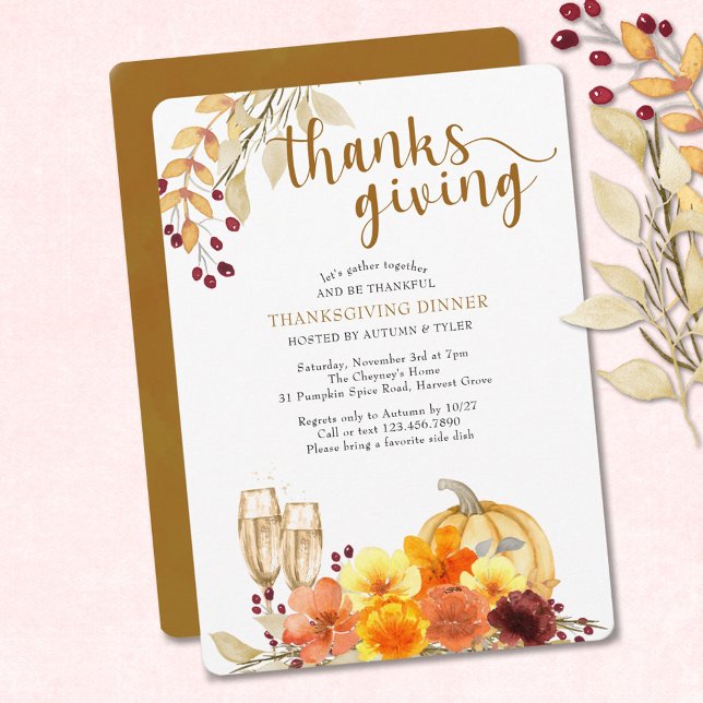 Autumn Flowers Pumpkin Wine Thanksgiving Dinner Invitation (Creator Uploaded)