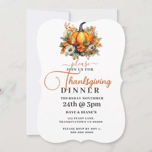 Autumn Flowers & Pumpkins Thanksgiving Dinner Invitation (Front)