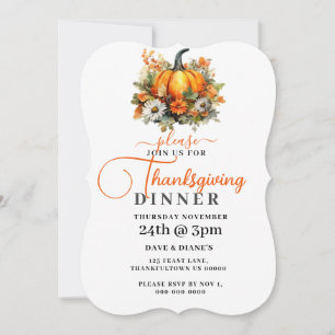 Autumn Flowers & Pumpkins Thanksgiving Dinner Invitation