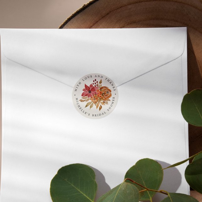 Autumn Flowers Rustic Bridal Shower THANK  YOU Cla Classic Round Sticker (Creator Uploaded)