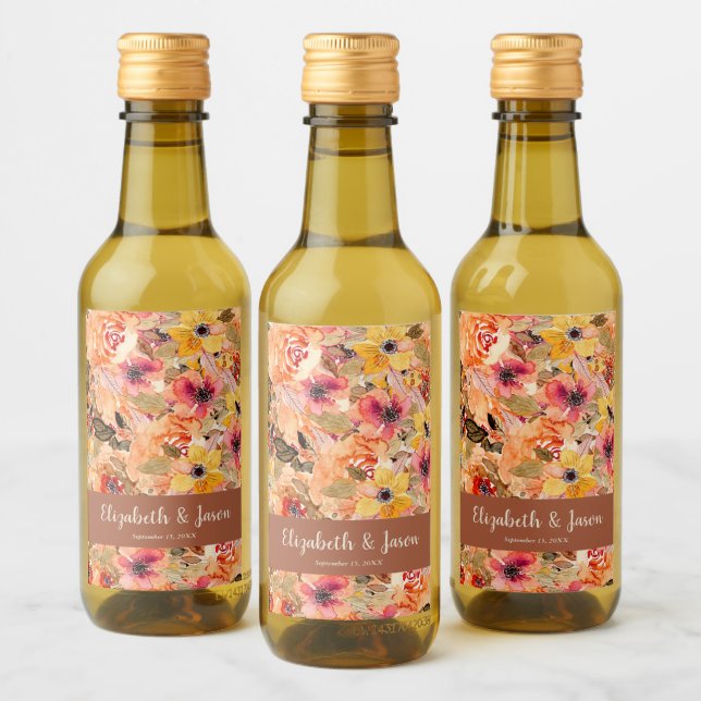 Autumn Flowers Terracotta Wedding Mini Wine Label (Bottles)