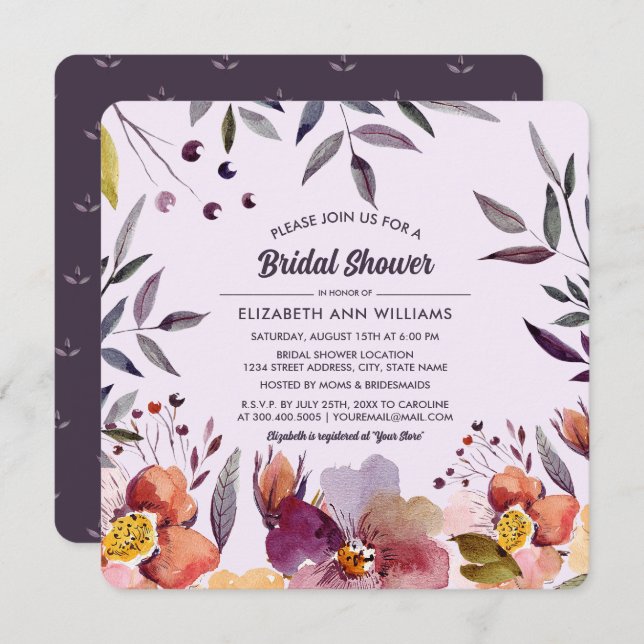Autumn Flowers Watercolor Plum Bridal Shower  Invitation (Front/Back)