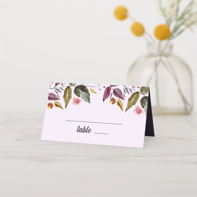 Autumn Flowers Watercolor Plum Wedding  Place Card (Front)
