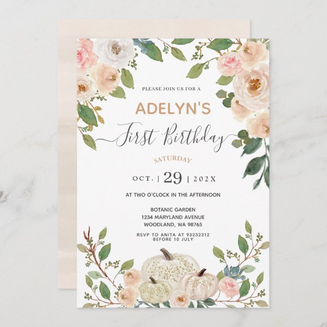 Autumn Flowers White Pumpkin 1st Birthday  Invitation (Front/Back)