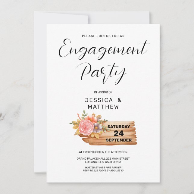 Autumn Flowers & Wood Sign Engagement Invitation (Front)