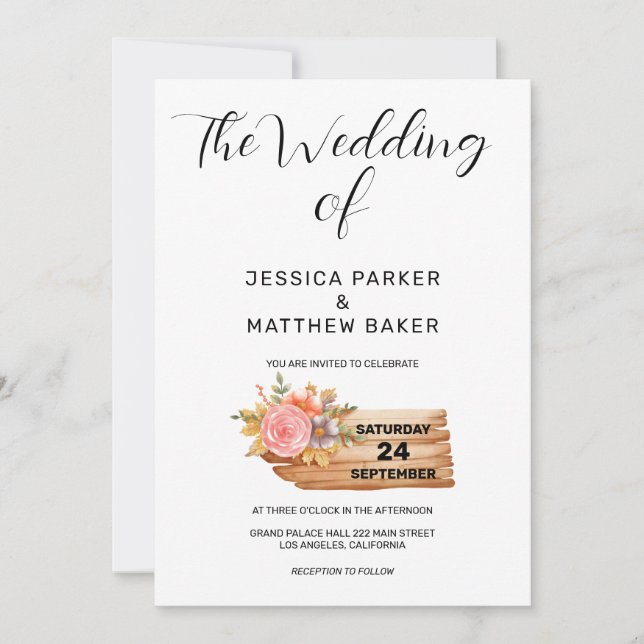 Autumn Flowers & Wood Wedding Invitation (Front)