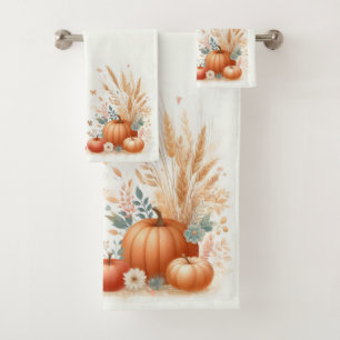 Autumn Foliage and Flowers with Pumpkins and Apple Bath Towel Set