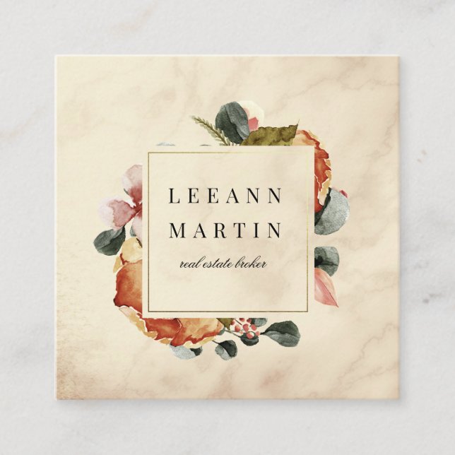 autumn foliage elegant floral square business card (Front)