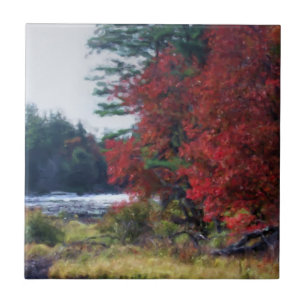 Autumn Foliage Pond Nature Art Tile