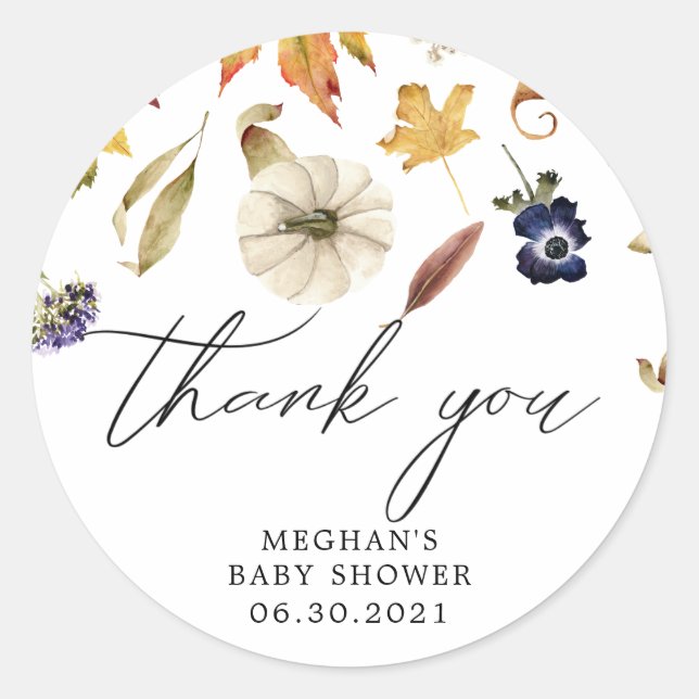 autumn foliage pumpkin baby shower thank you classic round sticker (Front)