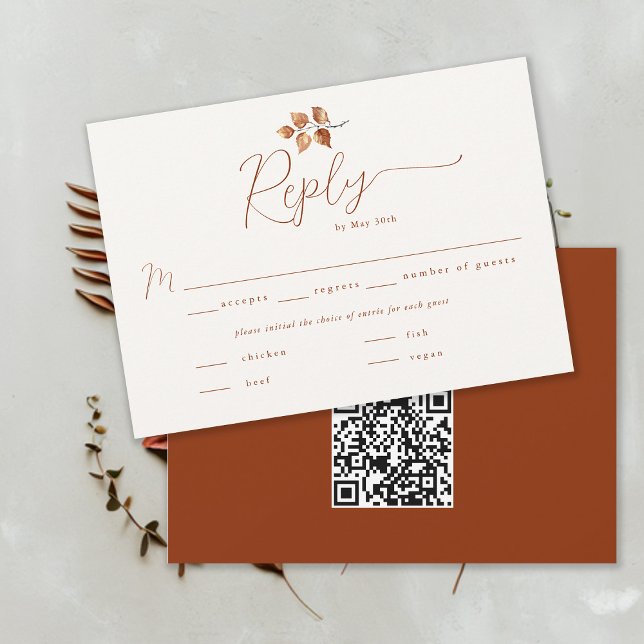 Autumn Foliage Terracotta Fall Wedding QR RSVP (Autumn Foliage Fall Wedding RSVP Card Meal Choice QR Code Terracotta Calligraphy Modern Elegant)