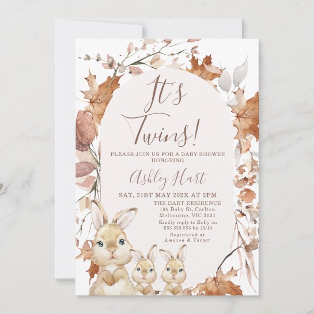 Autumn Foliage Twins Bunny Kittens Baby Shower Invitation (Front)