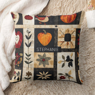 Autumn Folk Art Quilt Pattern   Rustic Botanical Cushion