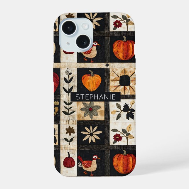 Autumn Folk Art Quilt Pattern | Rustic Botanical iPhone 15 Case (Back)