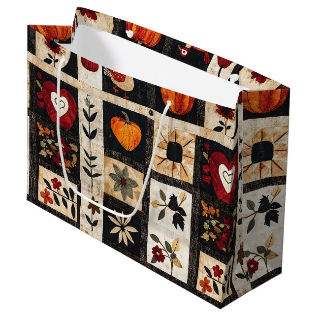 Autumn Folk Art Quilt Pattern | Rustic Botanical Large Gift Bag (Front Angled)