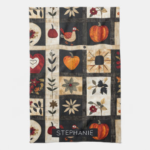 Autumn Folk Art Quilt Pattern Rustic Botanical Tea Towel