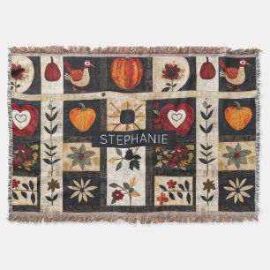 Autumn Folk Art Quilt Pattern   Rustic Botanical Throw Blanket