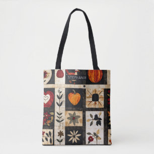 Autumn Folk Art Quilt Pattern Rustic Botanical Tote Bag