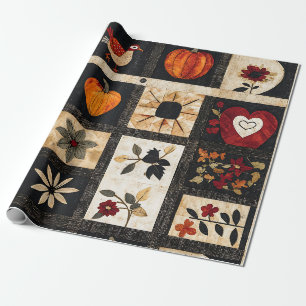 Autumn Folk Art Quilt Pattern Rustic Botanical Wrapping Paper