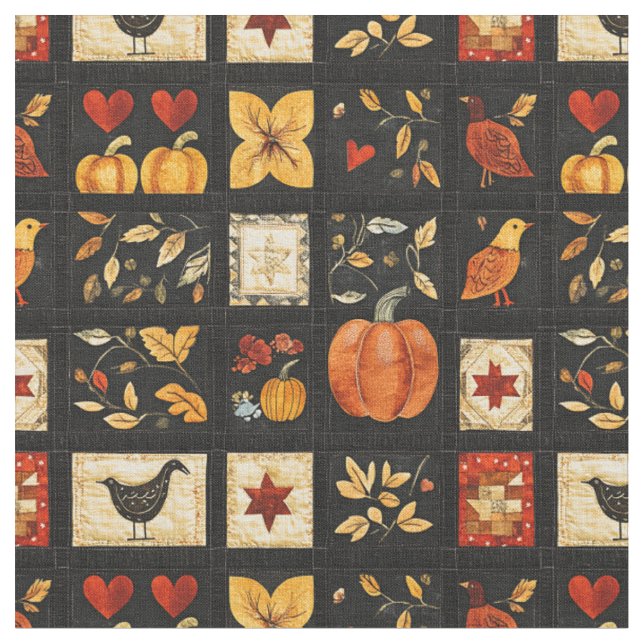 Autumn Folk Art Quilt Pattern | Rustic Patchwork Fabric (Close Up)