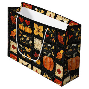 Autumn Folk Art Quilt Pattern Rustic Patchwork Large Gift Bag