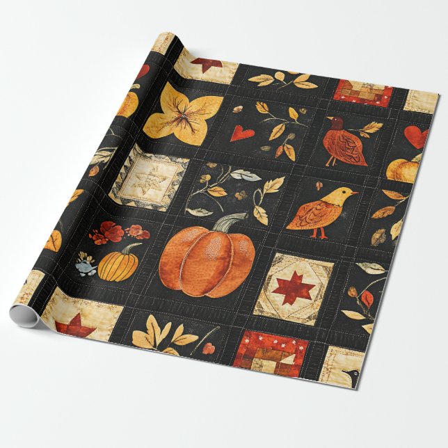 Autumn Folk Art Quilt Pattern | Rustic Patchwork Wrapping Paper (Unrolled)