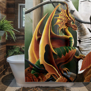 Autumn Forest Amber Dragon Birch Trees Fantasy Shower Curtain