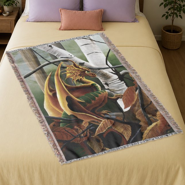 Autumn Forest Amber Dragon Birch Trees Fantasy Throw Blanket (Creator Uploaded)