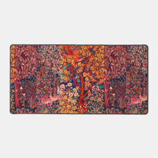 AUTUMN FOREST ANIMALS Hares,Pheasant,Red Floral Desk Mat