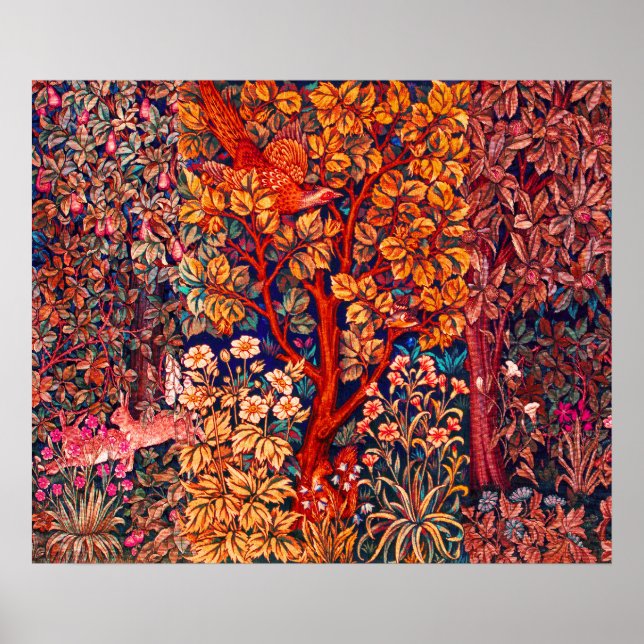 AUTUMN FOREST ANIMALS Hares,Pheasant,Red Floral Poster (Front)