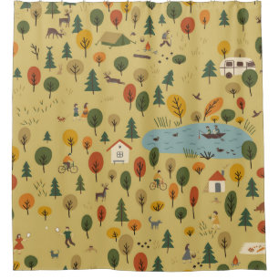 Autumn Forest Animals Vintage Wallpaper Shower Curtain