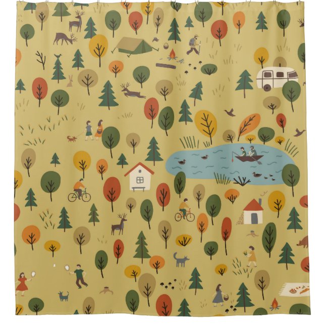 Autumn Forest Animals Vintage Wallpaper Shower Curtain (Front)