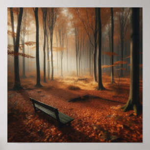 autumn forest bench wall print, golden leaves fog poster