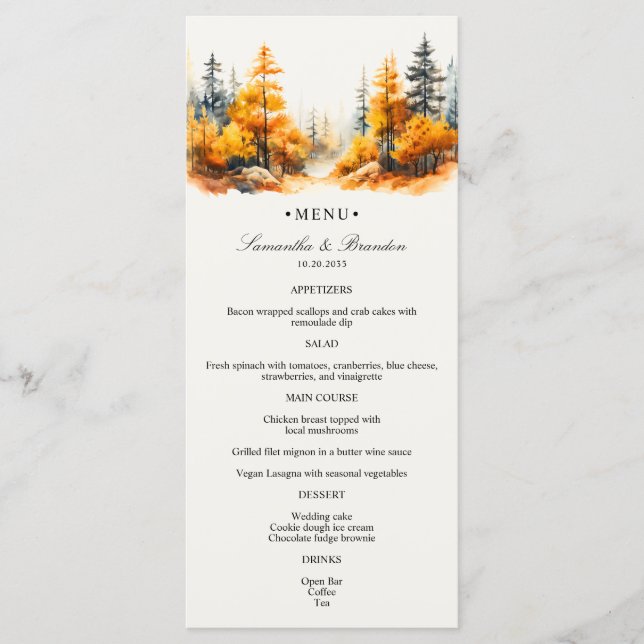 Autumn Forest, Fall Woodland Wedding Dinner Menu (Front)