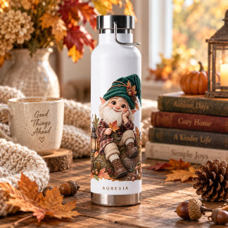 Autumn forest gnome and acorn water bottle