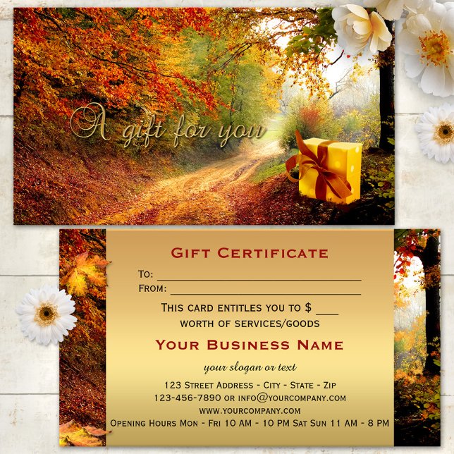 Autumn Forest Gold Gift Certificate (A beautiful fall gift certificate featuring an image of a package in the forest - with gold)