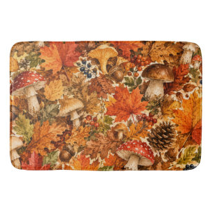 Autumn Forest Mushroom Pattern Cosy Fall Leaves Bath Mat