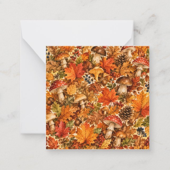 Autumn Forest Mushroom Pattern | Cosy Fall Leaves Card (Front)