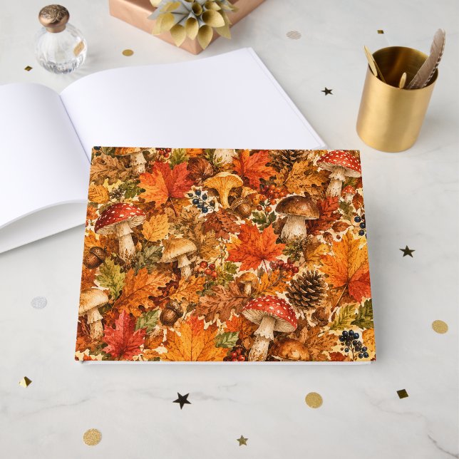 Autumn Forest Mushroom Pattern | Cosy Fall Leaves Guest Book (Front Open)