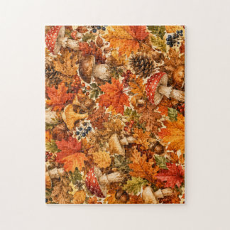 Autumn Forest Mushroom Pattern | Cosy Fall Leaves Jigsaw Puzzle
