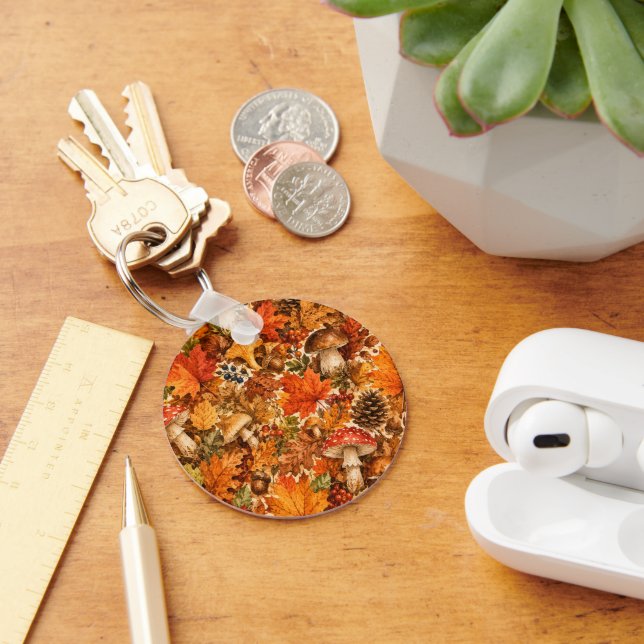 Autumn Forest Mushroom Pattern | Cosy Fall Leaves Key Ring (Desk)